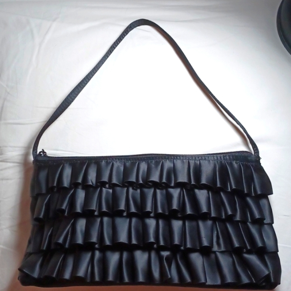 Black Satin Ruffle Handbag Lancome